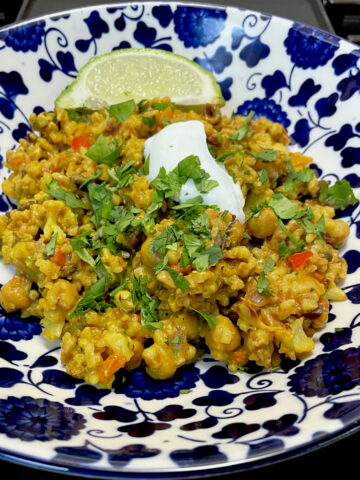 A mix of grains and peppers in a thick rich curry topped with sour cream and cilantro served in a bowl decorated with blue and white flowers.