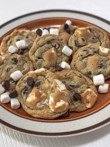 A plate of gluten free chocolate chip marshmallow cookies served on a cutte vintage plate