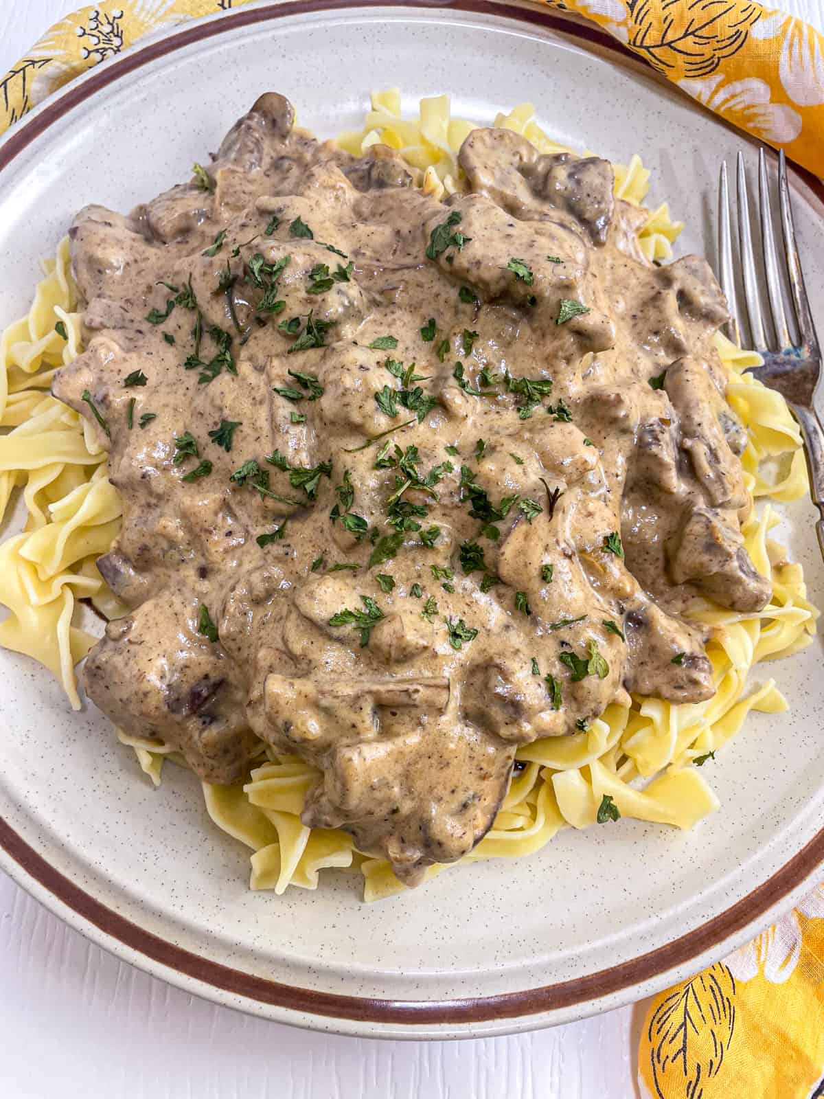 Classic beef stroganoff with egg noodles covered in a creamy beef and mushroom sauce topped with sprinkled parsley.